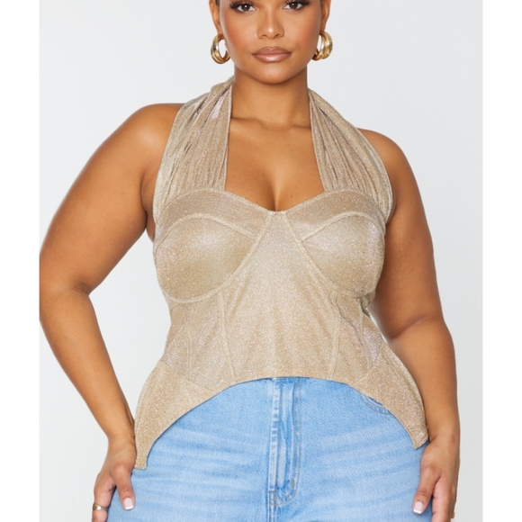 PrettyLittleThing Gold Glitter Halter Neck Corset Top | Size US 26 | NWT - Picture 2 of 3